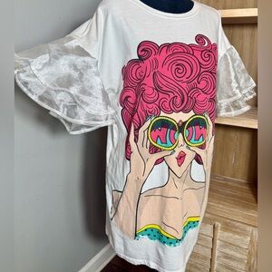 Occasion, Pop Art T-Shirt Dress White Organza Ruffle Sleeve WOW Binoculars
